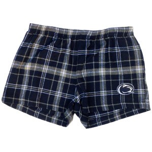 women's navy plaid flannel shorts with Penn State Athletic Logo on left thigh
